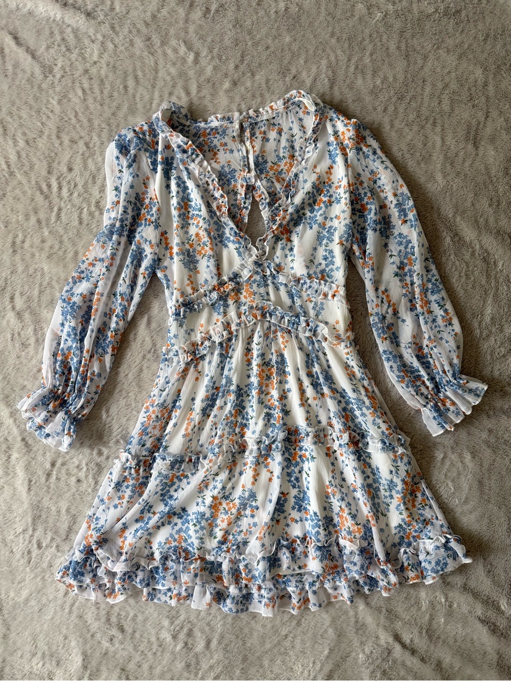 Floral Ruffle Tiered Long-Sleeve Mini Dress - White with Blue & Orange Floral